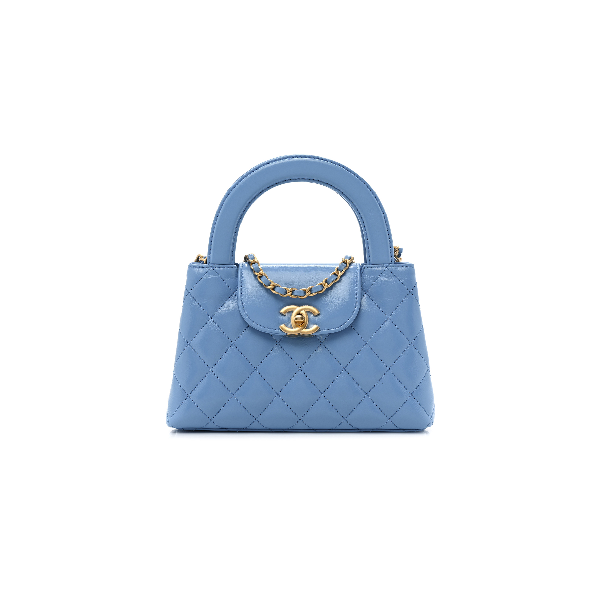 Ch*el shiny calfskin quilted nano kelly shopper blue as4416 (19*13*7cm)
